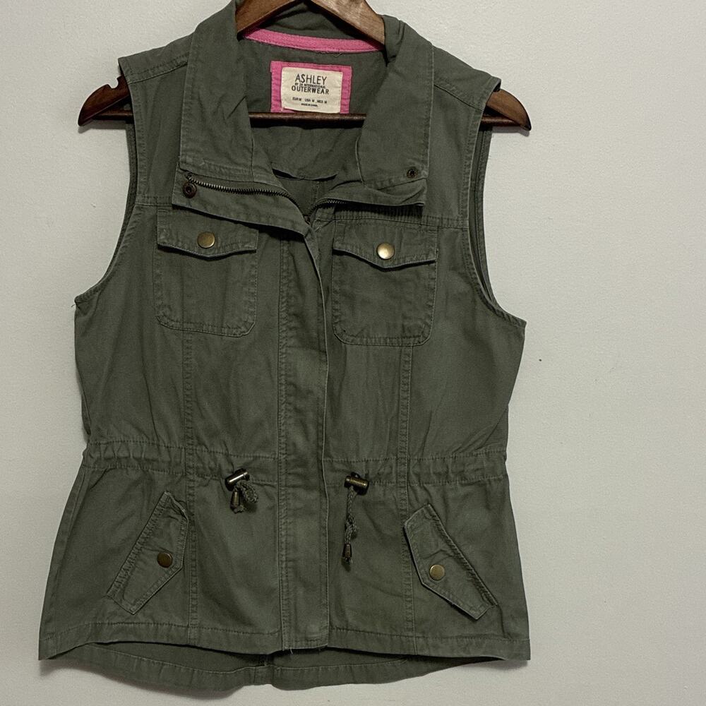 Ashley by 26 International Outerwear Green Utility Vest M Zip Drawstring Safari
